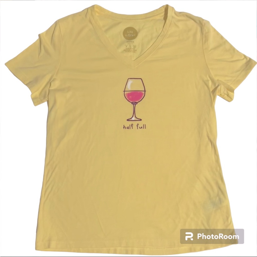 Life Is Good Half Full Wine Glass Women’s Cotton V-Neck T-Shirt, Yellow, Small